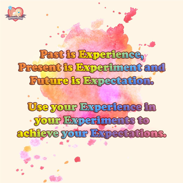 Past is Experience, Present is Experiment and Future is Expectation. Use your Experience in your Experiments to achieve your Expectations.