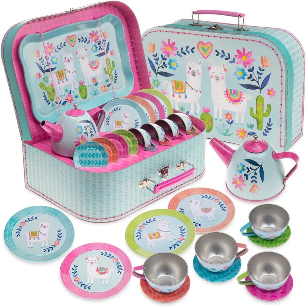 Jewel keeper 15 Piece Kids Pretend Toy Tin Tea Set & Carry Case